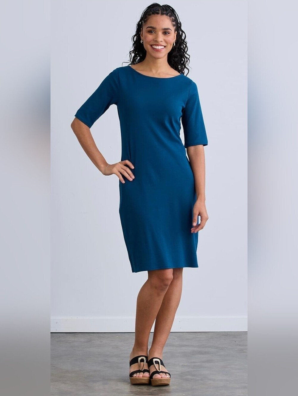 Fair Indigo 100% Organic Pima Cotton Half Sleeve Boat Neck Dress - Peacock Teal